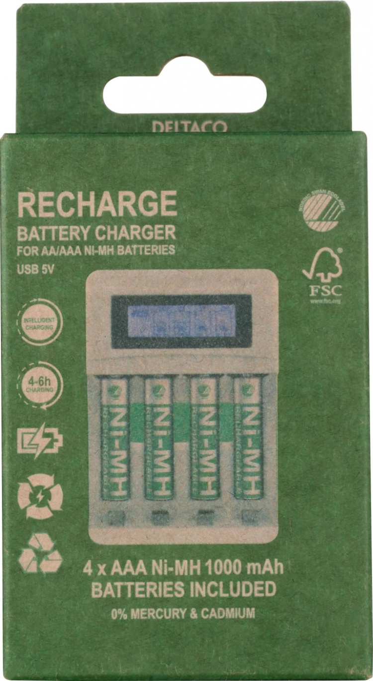 DELTACO Ultimate Ni-Mh USB laddare med 4 x AAA batterier DELTACO Ultimate Ni-Mh USB laddare med 4 x AAA batterier
