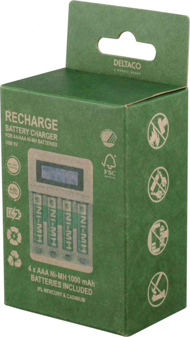 DELTACO Ultimate Ni-Mh USB laddare med 4 x AAA batterier DELTACO Ultimate Ni-Mh USB laddare med 4 x AAA batterier