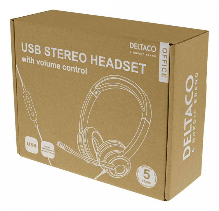 DELTACO Office USB stereo headset, volume control, noise reducing mic