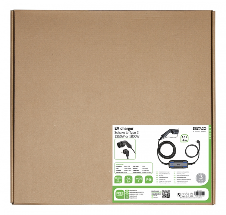 DELTACO e-Charge, cable Mode2, Schuko - type 2, 6-8A, 4+1,5M DELTACO e-Charge, cable Mode2, Schuko - type 2, 6-8A, 4+1,5M