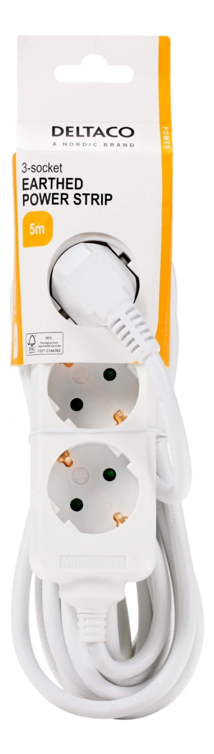 DELTACO GT-0302 Stikdåse 3-stik 16A Hvid 5m