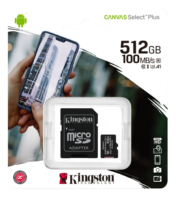 Kingston 512GB micSDXC Canvas Select Plus 100R A1 C10 Card + ADP