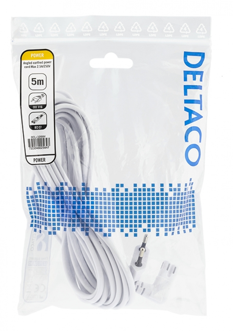 DELTACO outlet cable, 5m, angled CEE 7/16 to angled IEC 60320 C7, white