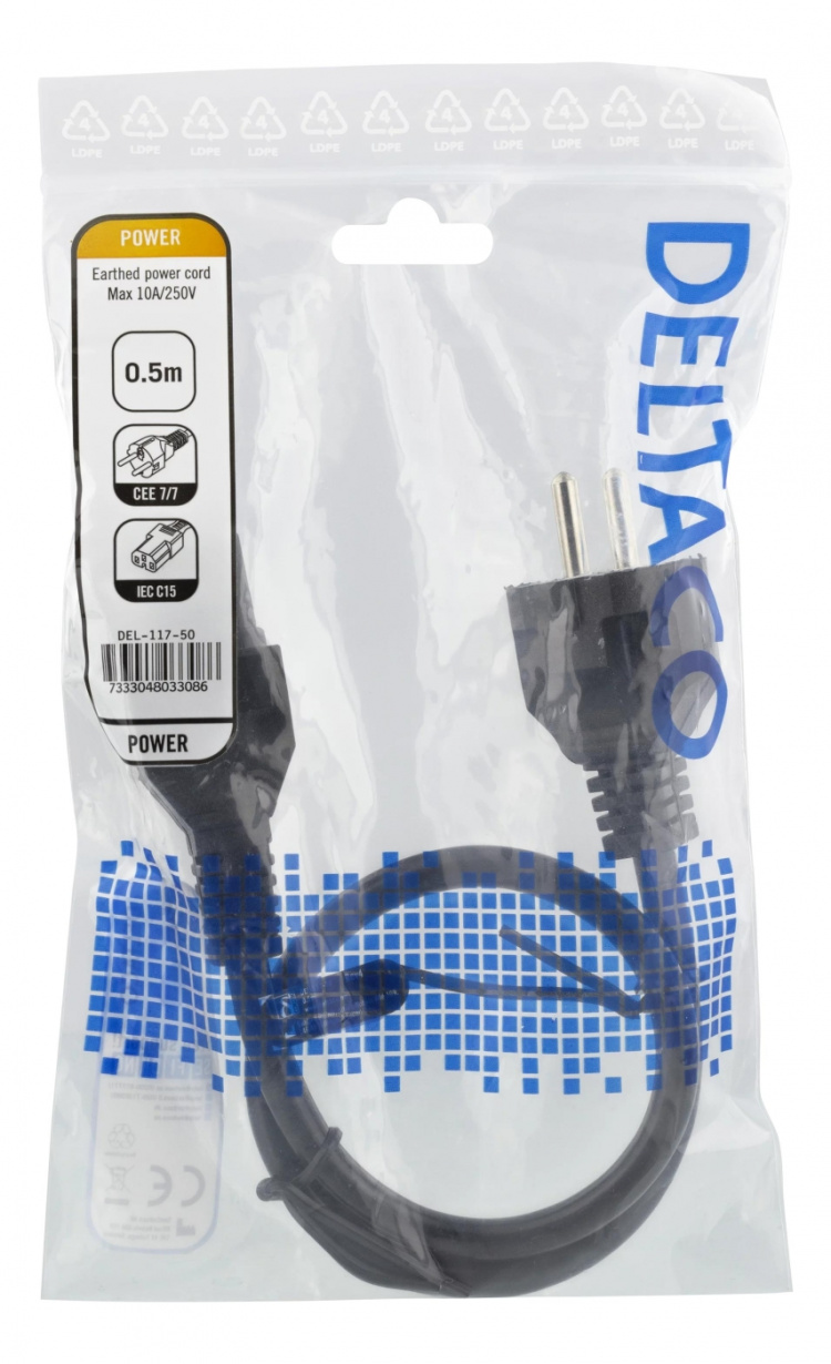DELTACO Strøm CEE 7/7 Strøm IEC 60320 C15 Sort 50cm Strømkabel