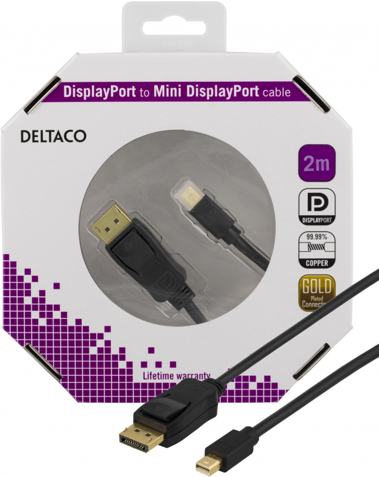 DELTACO DisplayPort til Mini DisplayPort skærmkabel, 20-pin han-han, Svart