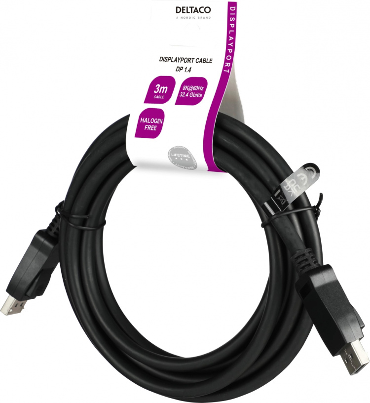 DELTACO DisplayPort cable, DP 1.4, 8K@60Hz, 3m, black
