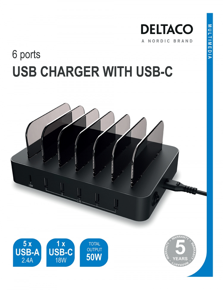 DELTACO USB charging station 5x USB-A, 1x USB-C PD, total 50 W, black DELTACO USB charging station 5x USB-A, 1x USB-C PD, total 50 W, black