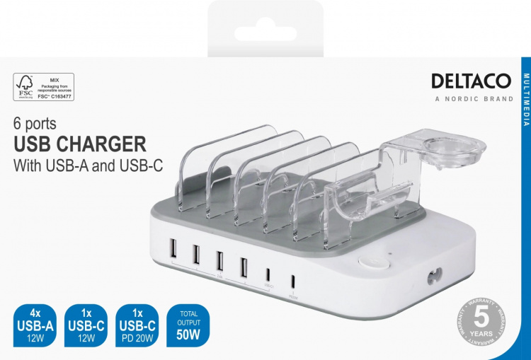 DELTACO USB charging station, 4x USB-A, 1x USB-C 2.4A, 1x USB-C PD 20W