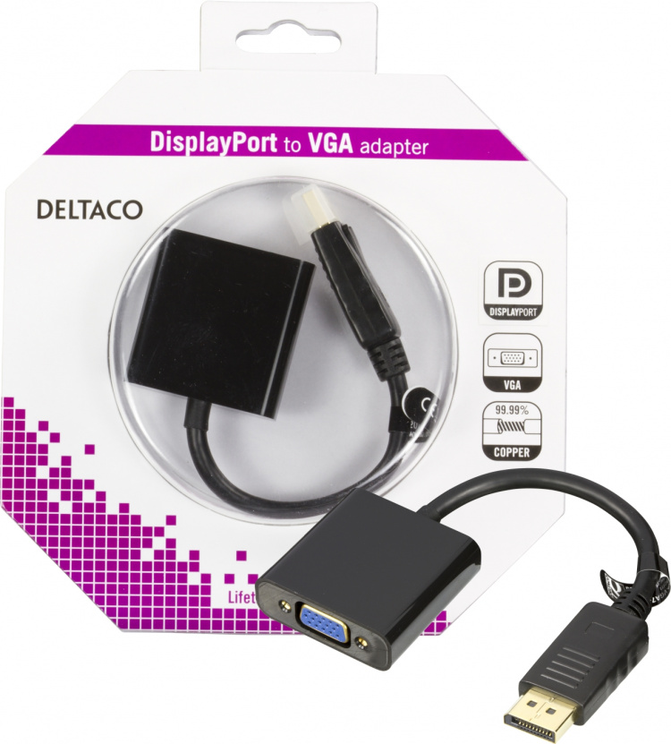 DELTACO DisplayPort til VGA-adapter, 20-pin han - 15-pin hun, 0,2m, Svart