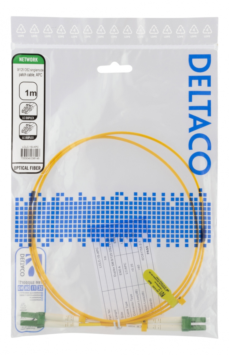 DELTACO OS2 fiber cable LC - LC, duplex, singlemode, APC, 9/125, 1m