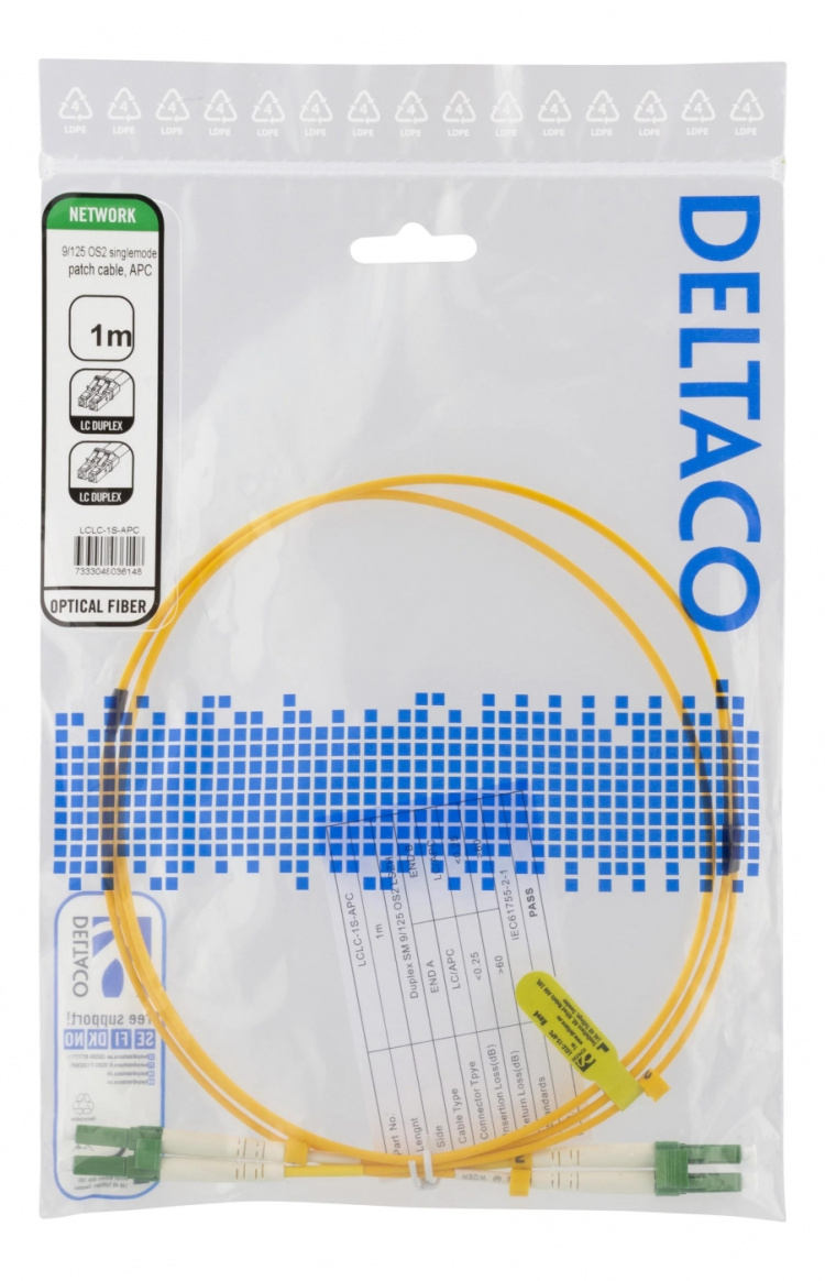 DELTACO OS2 fiber cable LC - LC, duplex, singlemode, APC, 9/125, 1m