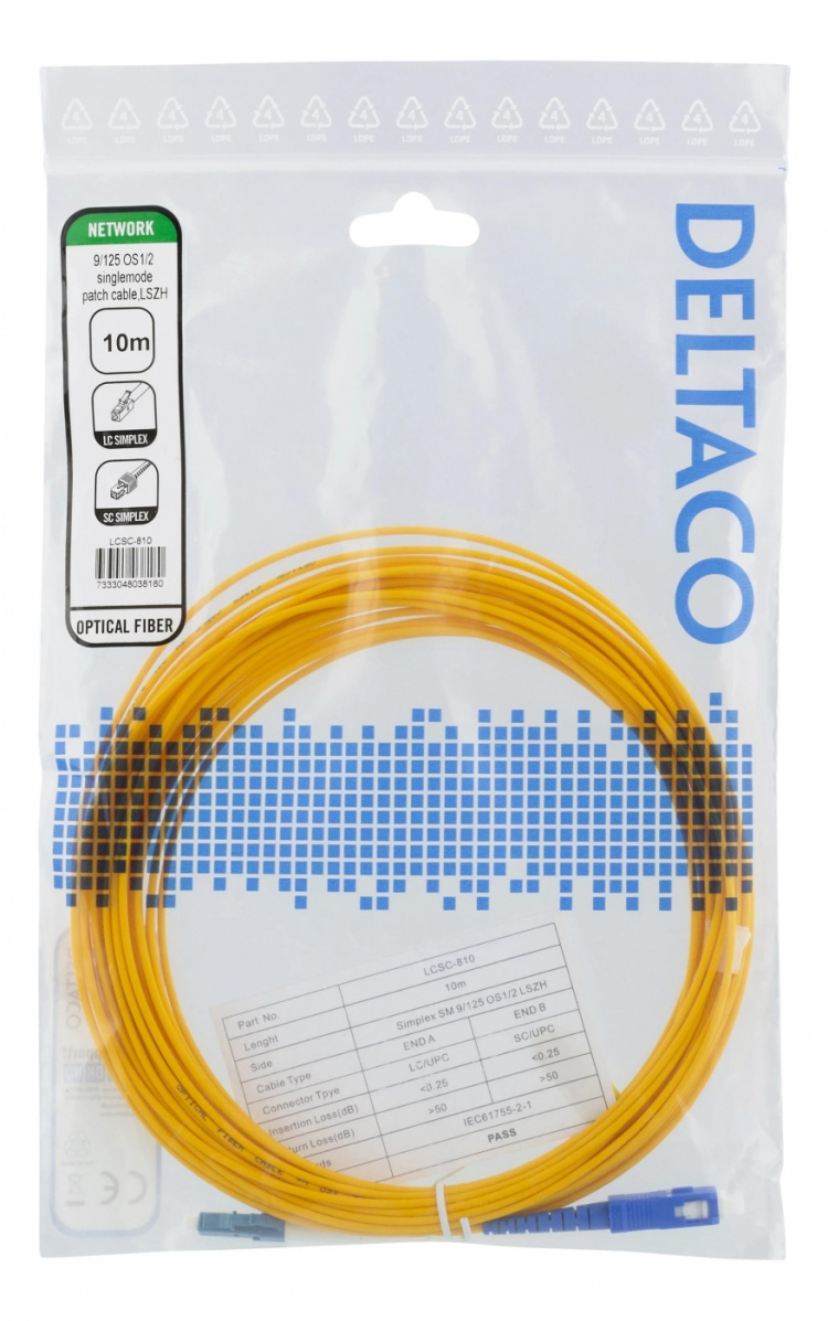 DELTACO Fiber cable, 10m, LC - SC, 9/125, OS1/2, single mode, LSZH (Lo