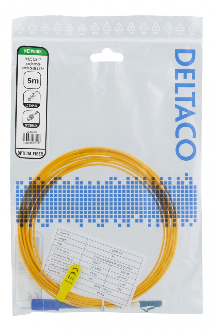 DELTACO Fiberkablage, 5m, LC - SC, 9/125, OS1/2, singlemode, LSZH (Low