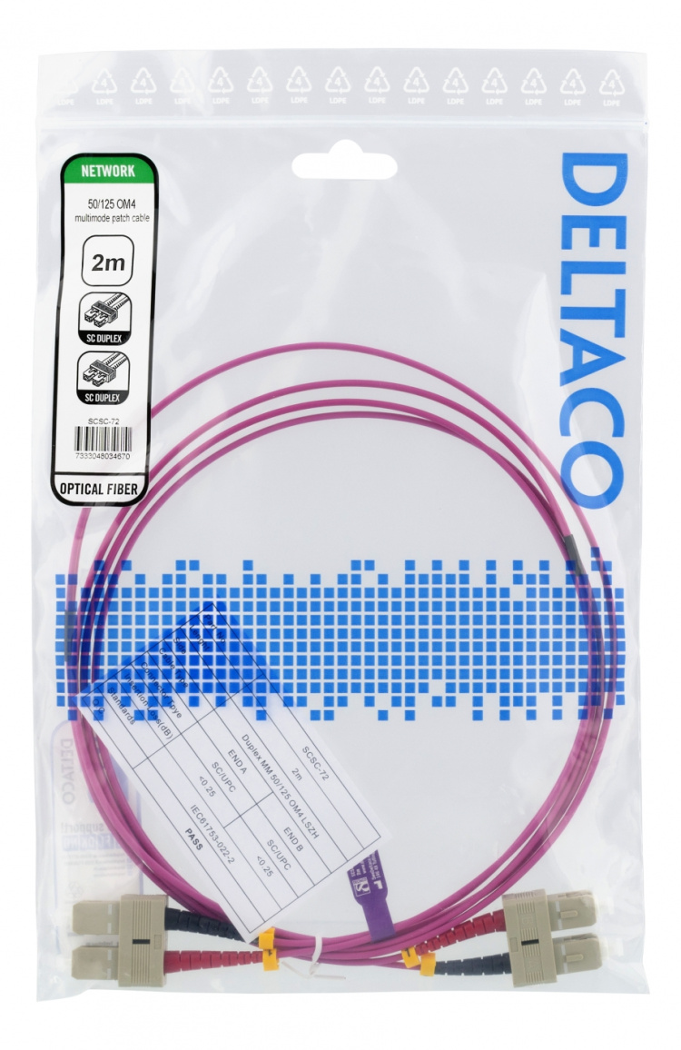 DELTACO Fiber cable, 2m, SC-SC Duplex, 50/125, pink