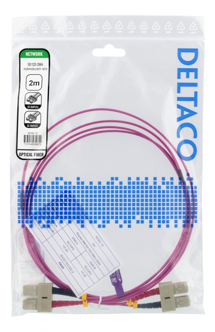 DELTACO Fiber cable, 2m, SC-SC Duplex, 50/125, pink