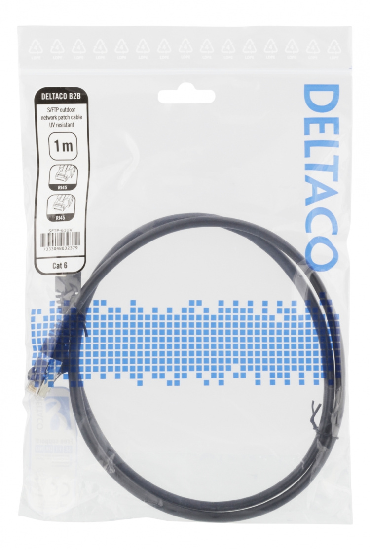 DELTACO S/FTP Cat6 patch cable, 1m, 250MHz, UV resistant, black DELTACO S/FTP Cat6 patch cable, 1m, 250MHz, UV resistant, black