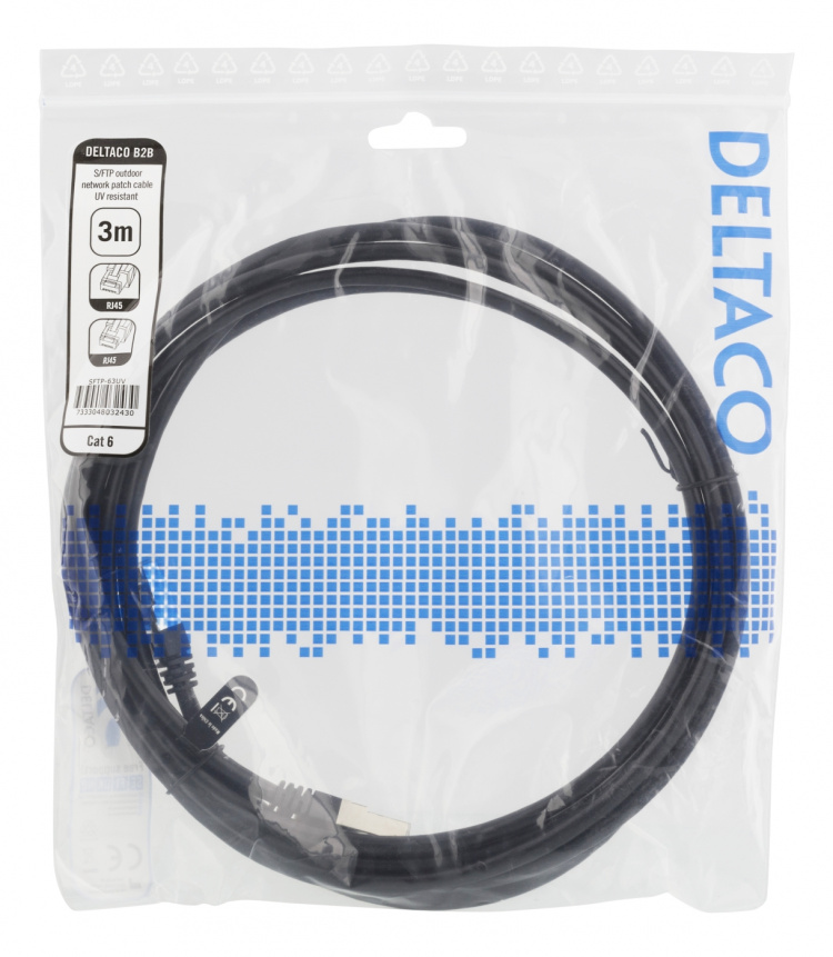 DELTACO S/FTP Cat6 patch cable, 3m, 250MHz, UV resistant, black DELTACO S/FTP Cat6 patch cable, 3m, 250MHz, UV resistant, black