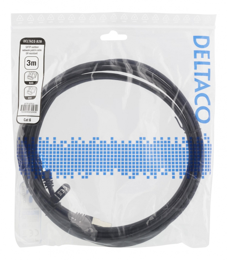 DELTACO S/FTP Cat6 patch cable, 3m, 250MHz, UV resistant, black DELTACO S/FTP Cat6 patch cable, 3m, 250MHz, UV resistant, black