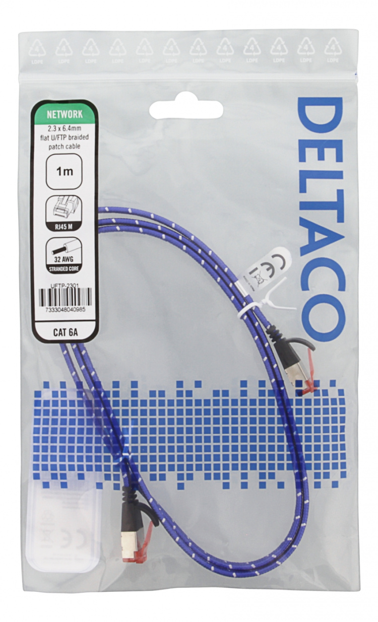 DELTACO Tough Flat CAT.6A U/FTP Patch Cable, 28AWG, 1m, blue DELTACO Tough Flat CAT.6A U/FTP Patch Cable, 28AWG, 1m, blue