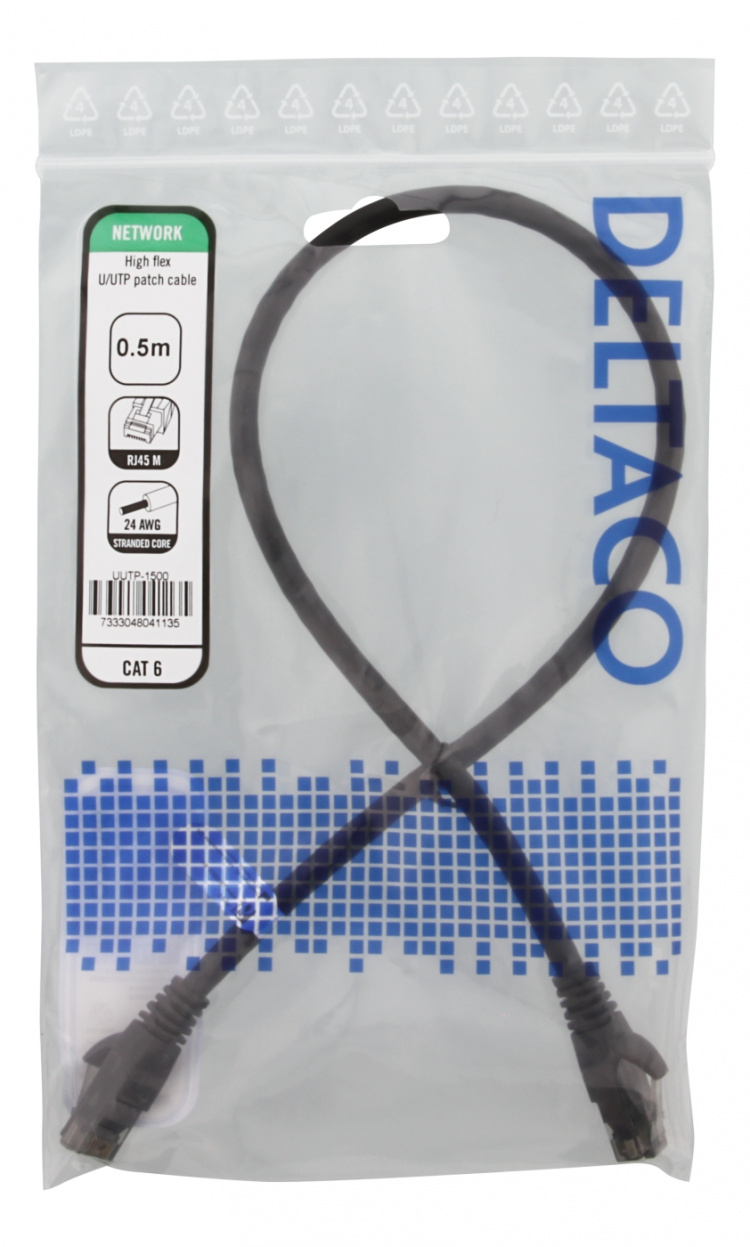 DELTACO High Flexible U/UTP Cat.6 patch cable, 24AWG, TPE, 0.5m, Black