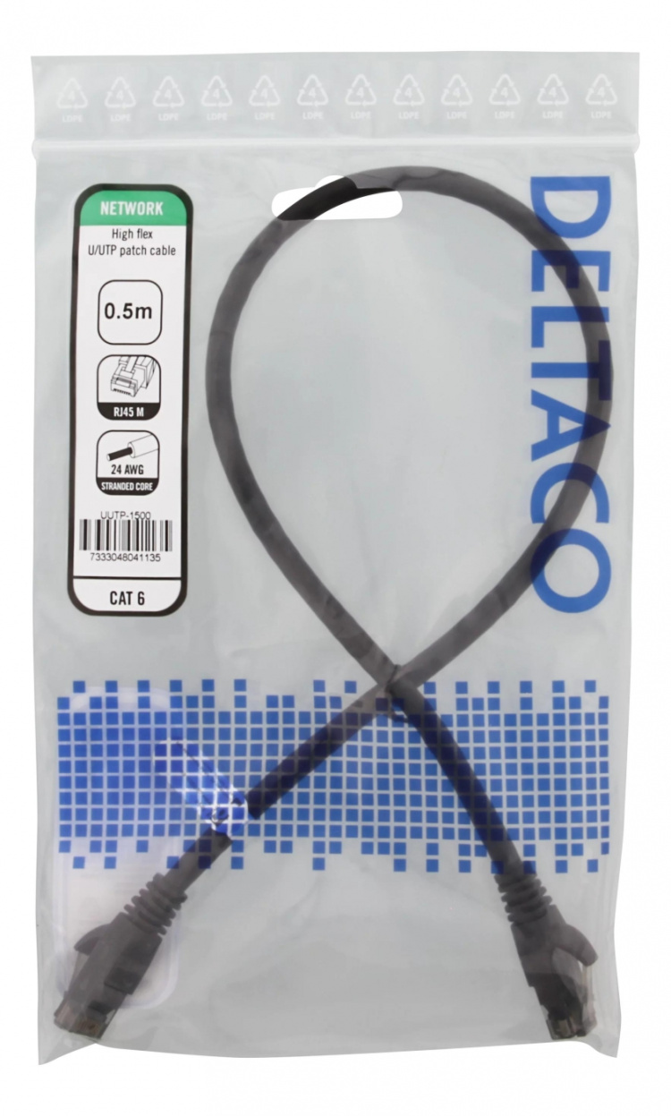 DELTACO High Flexible U/UTP Cat.6 patch cable, 24AWG, TPE, 0.5m, Black