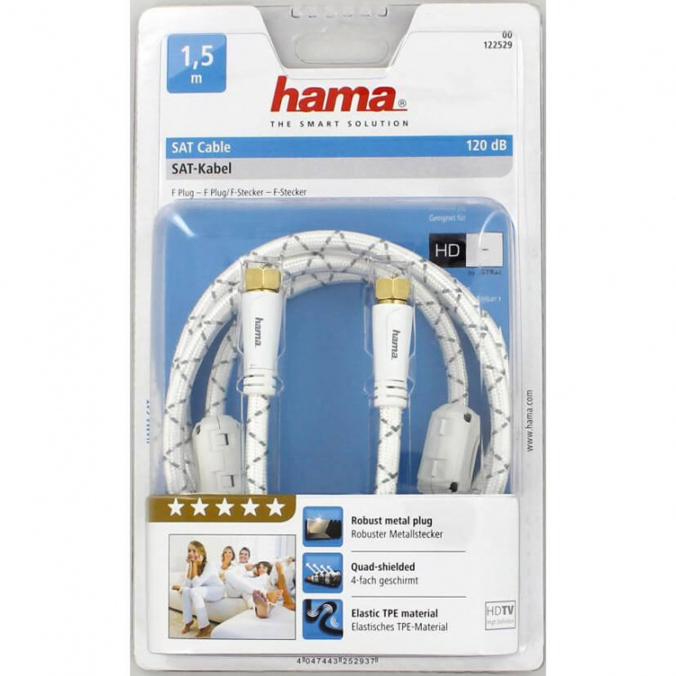 Hama Antennekabel SAT 120dB F-stik 1,5m Hvid PC