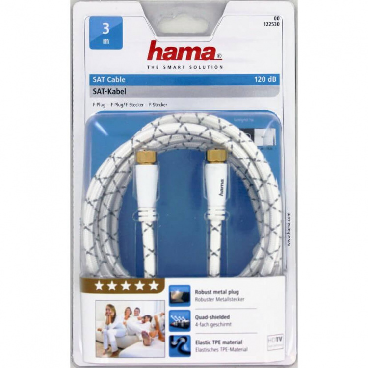 Hama Antennekabel SAT 120dB F-stik 3,0m Hvid PC