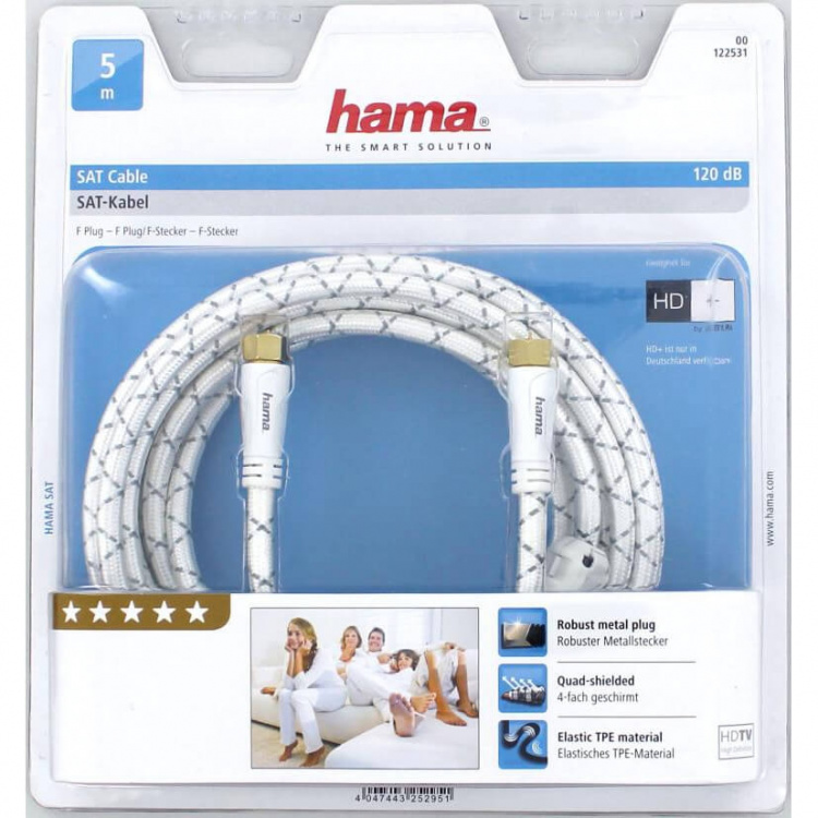 Hama Antennekabel SAT 120dB F-stik 5,0m Hvid PC