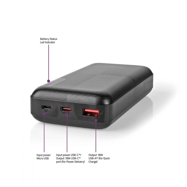 Nedis Powerbank | 20000 mAh | 1.5 / 2.0 / 3.0 A | Antal output: 2 | Output tilslutning: 1x USB-A / 1x USB-C™ | Input forbindels: 1x Micro USB / 1x USB-C™ | PD2.0 18W | Lithium-polymer