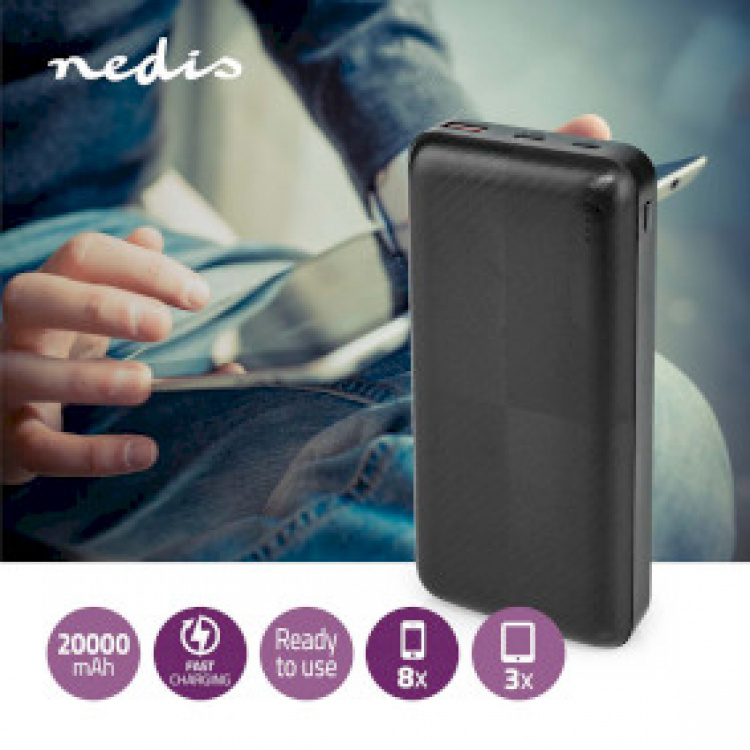 Nedis Powerbank | 20000 mAh | 1.5 / 2.0 / 3.0 A | Antal output: 2 | Output tilslutning: 1x USB-A / 1x USB-C™ | Input forbindels: 1x Micro USB / 1x USB-C™ | PD2.0 18W | Lithium-polymer