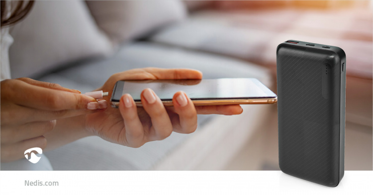 Nedis Powerbank | 20000 mAh | 1.5 / 2.0 / 3.0 A | Antal output: 2 | Output tilslutning: 1x USB-A / 1x USB-C™ | Input forbindels: 1x Micro USB / 1x USB-C™ | PD2.0 18W | Lithium-polymer