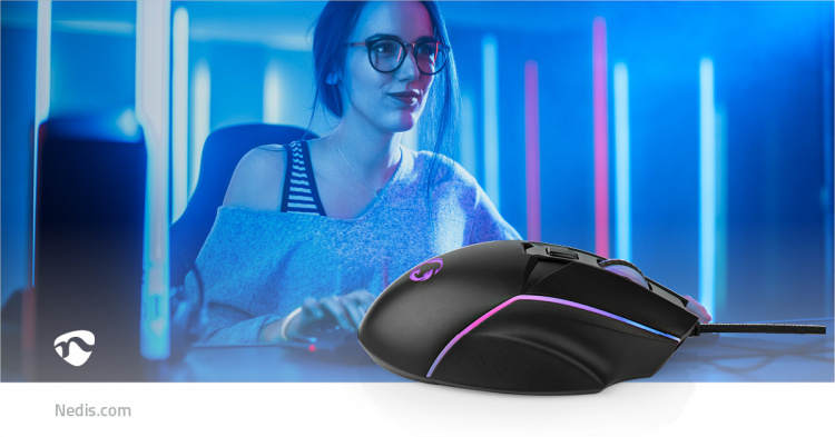 Nedis Gaming Mouse | Kabel | 800 / 1200 / 2400 / 3200 / 4800 / 7200 dpi | Justerbar DPI | Antal knapper: 6 | Højrehåndet | 1.50 m | LED