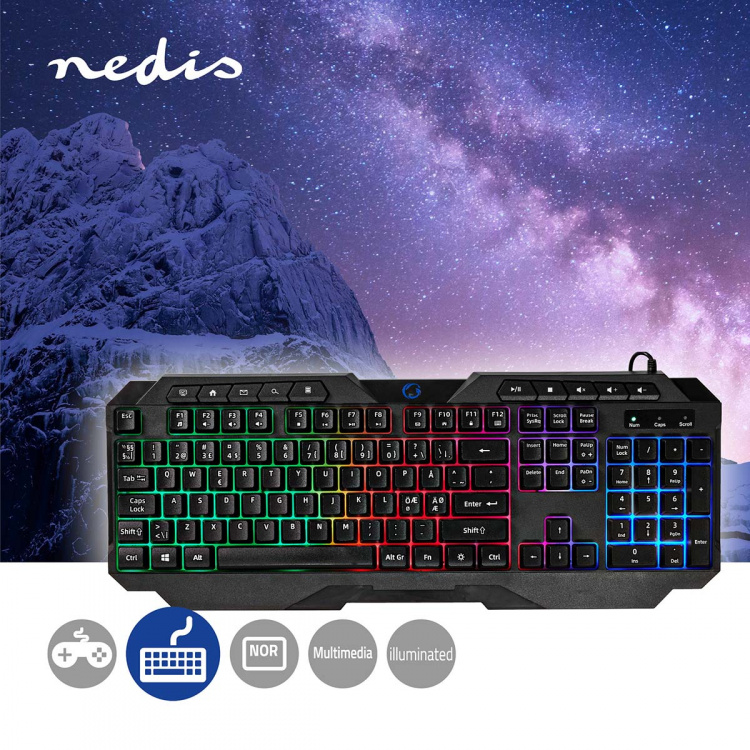 Nedis Wired Gaming Keyboard | USB Type-A | Membrane Nøgler | LED | QWERTY | ND layout | USB Drevet | Strømkabellængde: 1.30 m | Multimedia