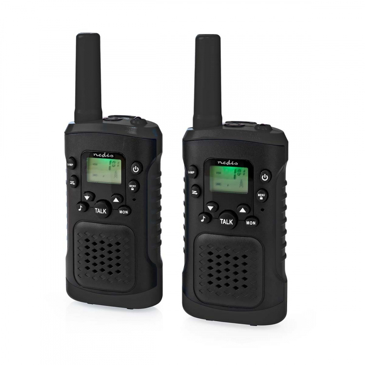 Nedis Walkie-talkie Set | 2 Håndsæt | Op til 6 km | Frekvens kanaler: 8 | PTT / VOX | Op til 3 Timer | Hovedtelefonudgang | 2 Headsets | Sort
