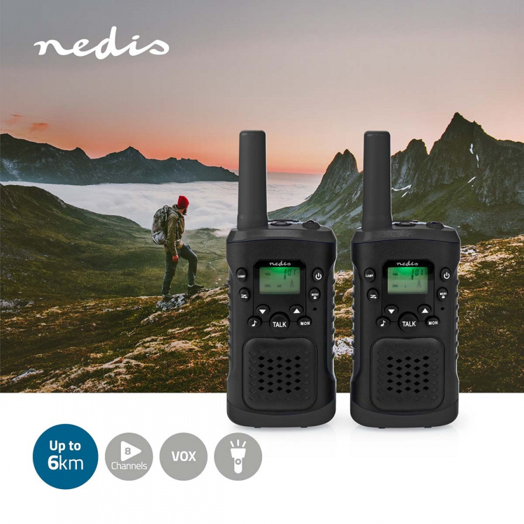 Nedis Walkie-talkie Set | 2 Håndsæt | Op til 6 km | Frekvens kanaler: 8 | PTT / VOX | Op til 3 Timer | Hovedtelefonudgang | 2 Headsets | Sort