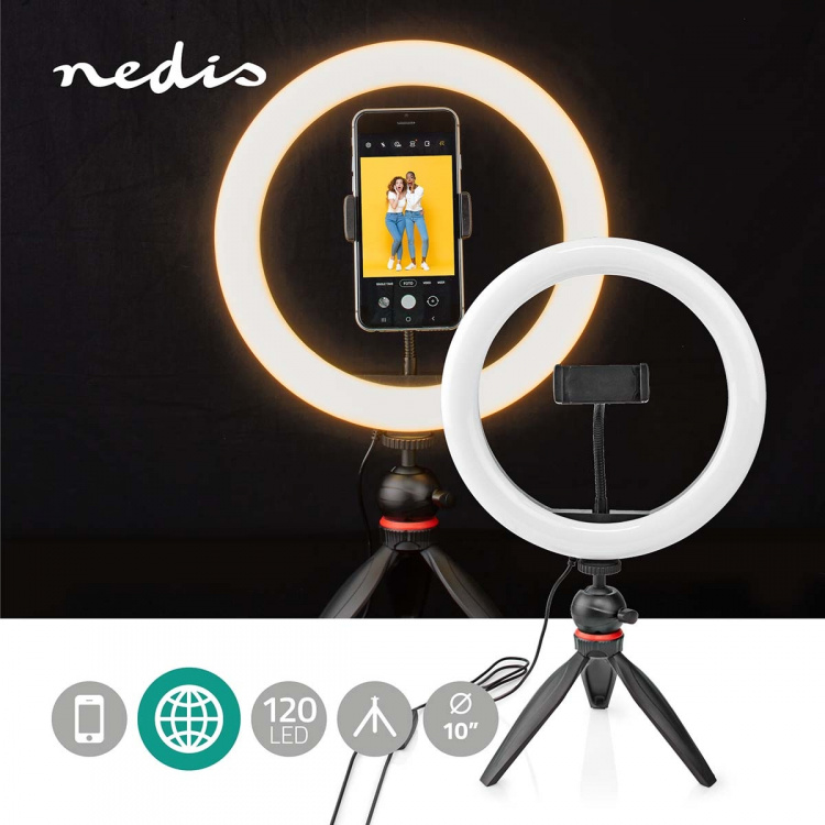 Nedis Ringlys | 10 inch | 120 LED\'s | 2700 - 6700 K | Stativ | Sort