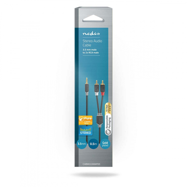 Nedis Stereo Audio kabel | 3.5 mm Hanstik | 2x RCA Hanstik | Guldplateret | 0.50 m | Runde | Antracit | Box