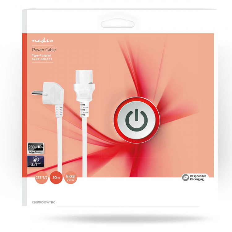 Nedis Strømkabel | Stikprop med sidebens jord – Han | IEC-320-C13 | Vinklet | Lige | Nikkelplateret | 10.0 m | Runde | PVC | Hvid | Box