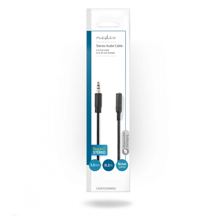 Nedis Stereo Audio kabel | 3.5 mm Hanstik | 6.35 mm Hunstik | Nikkelplateret | 0.20 m | Runde | Sort | Konvolut