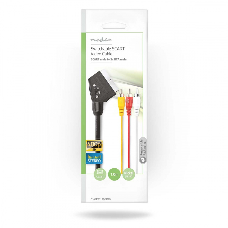 Nedis SCART-kabel | SCART Han | 3x RCA Han | Nikkelplateret | Omskiftelig | 480p | 1.00 m | Runde | PVC | Sort | Konvolut