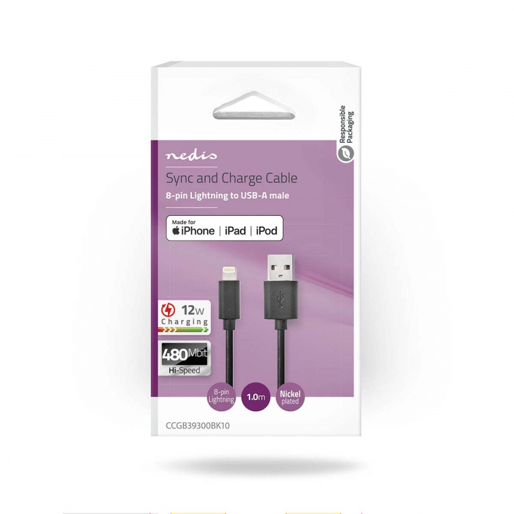 Nedis Lightning Kabel | USB 2.0 | Apple Lightning 8-pin | USB-A Han | 480 Mbps | Nikkelplateret | 1.00 m | Runde | PVC | Sort | Box