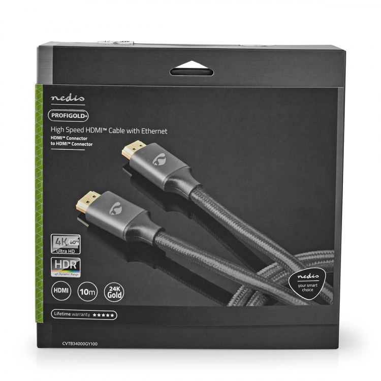 Nedis High Speed ​​HDMI ™ kabel med Ethernet | HDMI™ Stik | HDMI™ Stik | 4K@60Hz | ARC | 18 Gbps | 10.0 m | Runde | Bomuld | Gun Metal Grå | Cover Window Box
