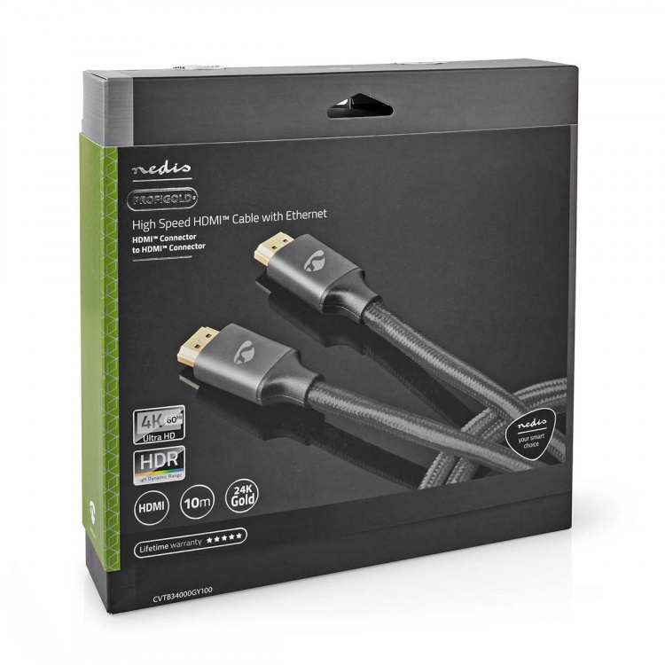 Nedis High Speed ​​HDMI ™ kabel med Ethernet | HDMI™ Stik | HDMI™ Stik | 4K@60Hz | ARC | 18 Gbps | 10.0 m | Runde | Bomuld | Gun Metal Grå | Cover Window Box