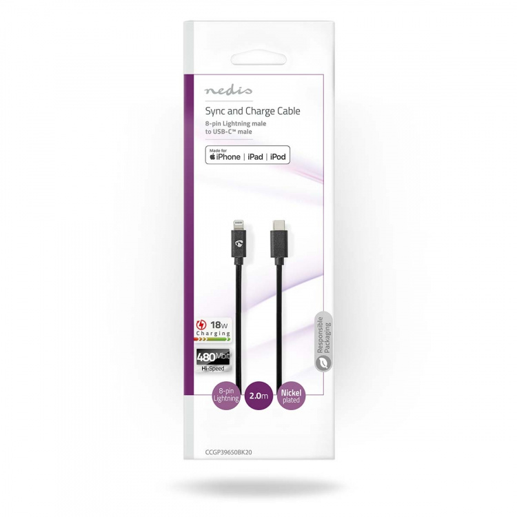 Nedis Lightning Kabel | USB 2.0 | Apple Lightning 8-pin | USB-C™ Han | 480 Mbps | Nikkelplateret | 2.00 m | Runde | PVC | Sort | Konvolut