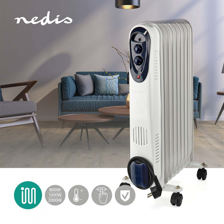 Nedis Mobil Olie Radiator | 800 / 1200 / 2000 W | 9 Finner | Justerbar termostat | 3 Varmeindstillinger | Fald over beskyttelse | Hvid