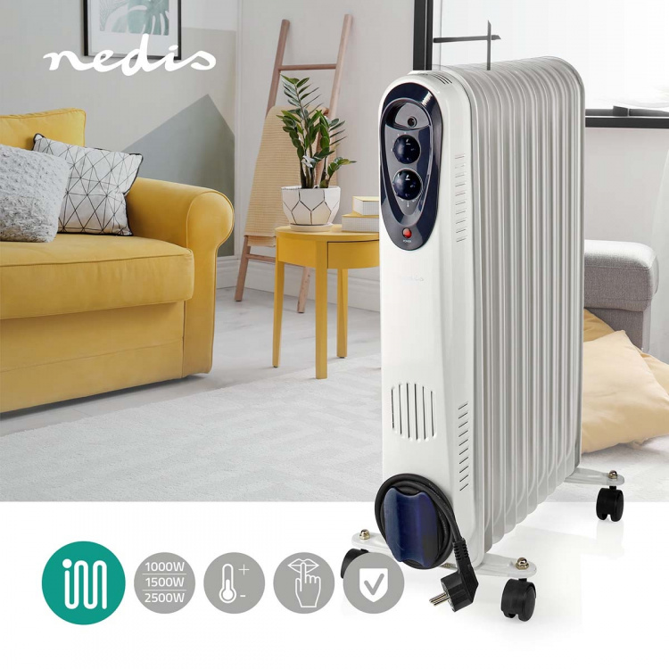 Nedis Mobil Olie Radiator | 1000 / 1500 / 2500 W | 11 Finner | Justerbar termostat | 3 Varmeindstillinger | Fald over beskyttelse | Hvid