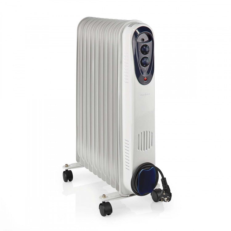 Nedis Mobil Olie Radiator | 1000 / 1500 / 2500 W | 11 Finner | Justerbar termostat | 3 Varmeindstillinger | Fald over beskyttelse | Hvid