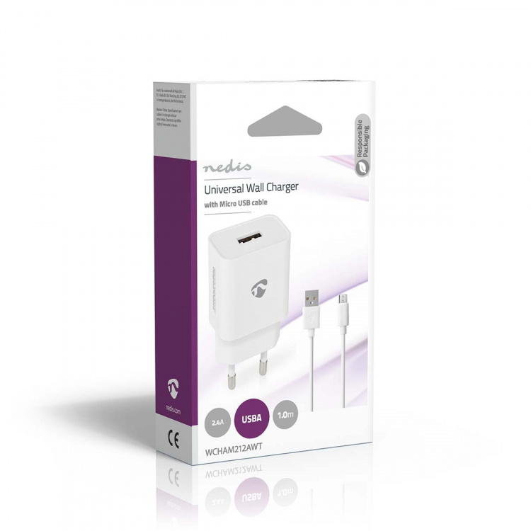 Nedis Vægoplader | 12 W | Hurtigopladningsfunktion | 2.4 A | Antal output: 1 | USB-A | Micro USB (Loose) kabel | 1.00 m | Single Voltage Output | Hvid