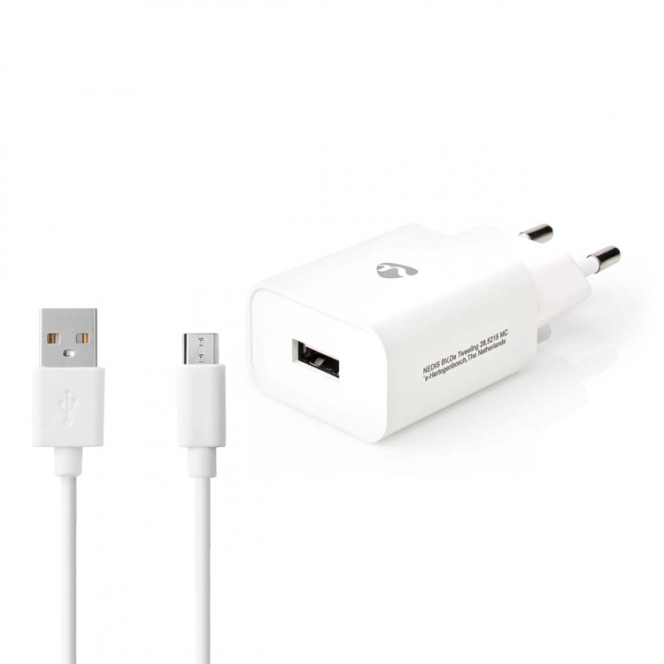 Nedis Vægoplader | 12 W | Hurtigopladningsfunktion | 2.4 A | Antal output: 1 | USB-A | Micro USB (Loose) kabel | 1.00 m | Single Voltage Output | Hvid