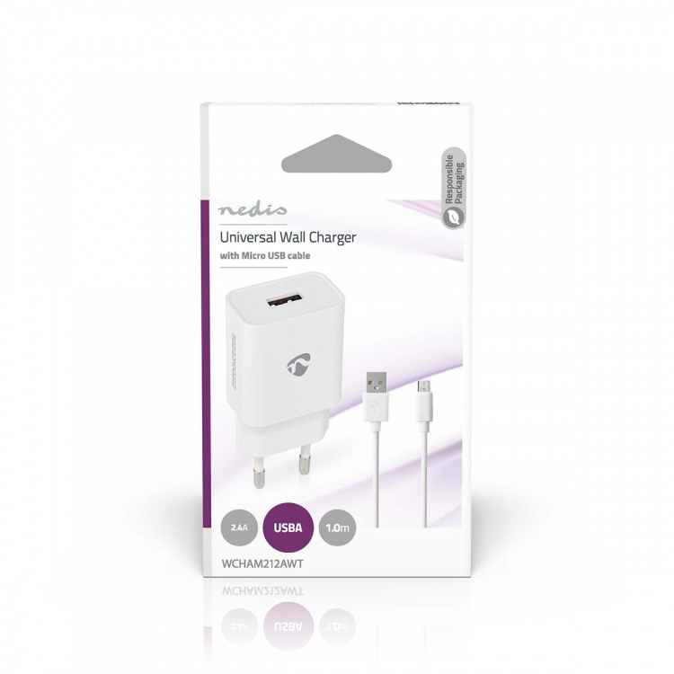 Nedis Vægoplader | 12 W | Hurtigopladningsfunktion | 2.4 A | Antal output: 1 | USB-A | Micro USB (Loose) kabel | 1.00 m | Single Voltage Output | Hvid